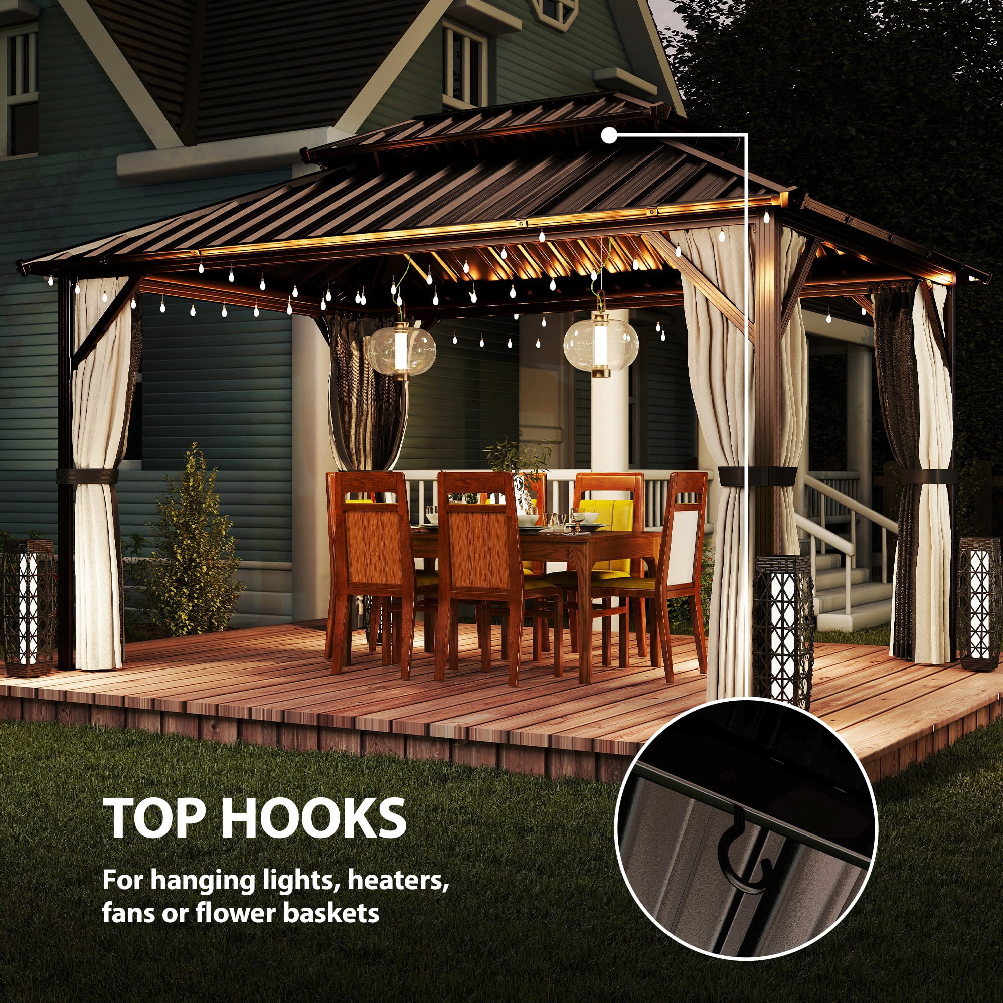 Outsunny 10' x 14' Hardtop Gazebo with UPF50+ Double Galvanized Steel Roof Canopy, Aluminum Frame Permanent Gazebo with Curtains, Netting, Brown