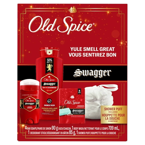 Old Spice Yule Smell Great Gift Set with Swagger 2in1 Shampoo & Conditioner , Red Collection Bodywash , Deodorant, and Shower Puff