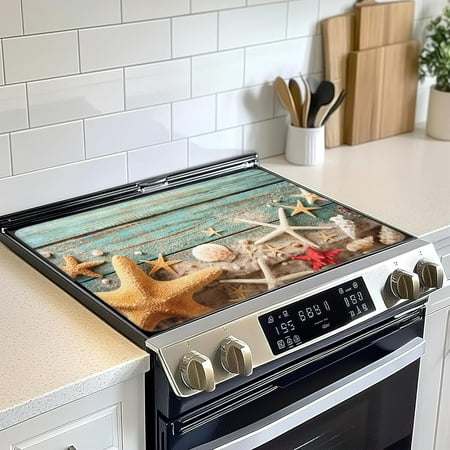 Beach Seashell Starfish Electric Stove Top Cover Protector,Blue Wooden Glass Flat Top Stove Mat,Heat-Resistant Oven Induction Cooktop Mat for Ceramic Countertop Mats Dish Drying Mat