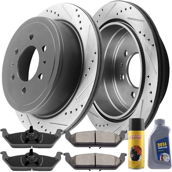 MotorbyMotor Rear Brake Rotors & Brake Pad Kit 348mm E-Coating Drilled & Slotted Design Including CLEANER DOT4 FLUID Fits for 05-11 Ford F-150, 06-08 Linclon Mark LT (6 Lug Models ONLY)