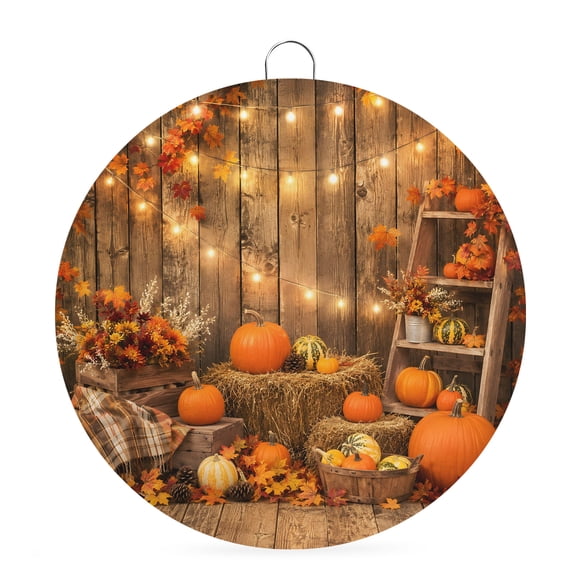 Welcome Sign for Front Door, Thanksgiving Farmhouse Round Metal Wall Art Wreaths, Fall Maple Leaves Pumpkin Vintage Outdoor Indoor Wall Hanging Sign for Porch Decor Housewarming Gifts 5.9 Inch