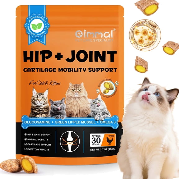 Oimmal Hip and Joint Supplement for Cats - Glucosamine, MSM for Joint Hip Care, Mobility Support, Cartilage Health, Senior Cat Joint Supplement, Crunchy & Creamy Chews (Chicken 30-Day)