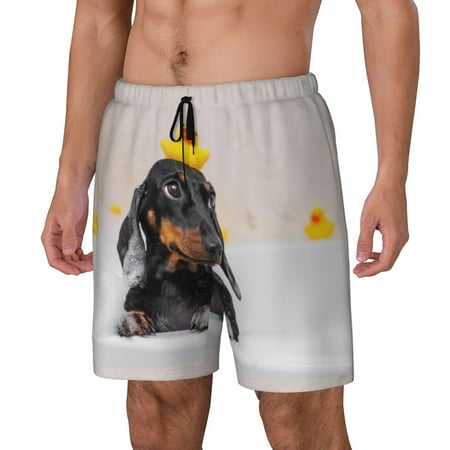 Gaeub Dachshund Sitting in Bathtub Print Mens Swim Trunks with Compression Liner Board Shorts Quick Dry Beach Swimwear with Pockets-X-Large