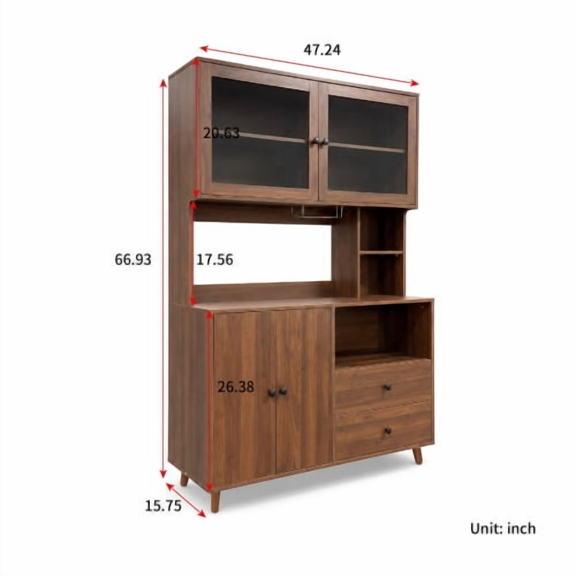 Modern Kitchen Buffet Hutch Cabinet with Glass Doors, Large Pantry Storage Cupboard with Microwave Stand and Drawers, Sideboard for Dining Room, Walnut