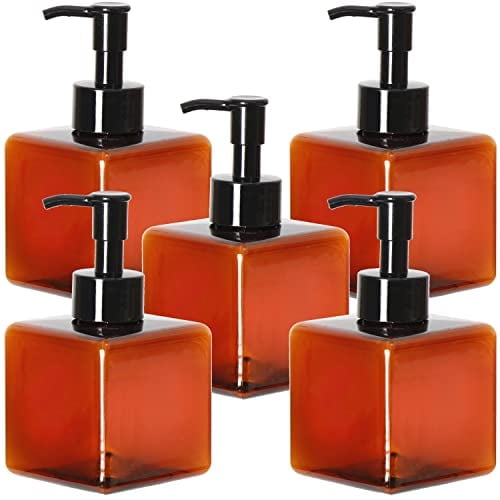 Youngever 5 Pack Amber Plastic Square Pump Bottles 8 oz, Refillable Plastic Pump Bottles for Dispensing Lotions, Shampoos