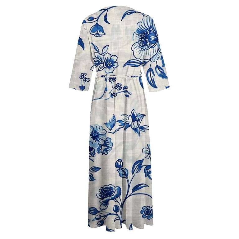 HAPIMO Women's Summer Tea Length A Line Dress Fashion Lapel V Neck Button  Flowy Fall Dress Floral Boho 3/4 Sleeve Spring Elegant Casual Drawstring  Workout Blue L - Walmart.com