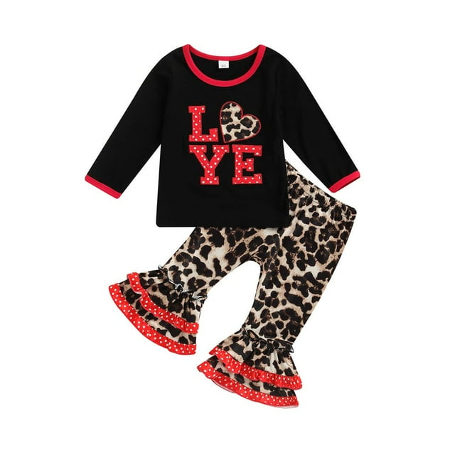 Ensemble Imprimé Amour pour Fille Tout-Petit Manches Longues Pantalons Évasés Imprimé Léopard pour la Saint-Valentin