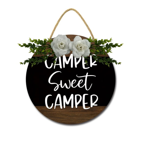 Camper Sweet Camper Sign Farmhouse Wood Sign Front Porch Decor Rustic Wooden Sign Wall Decor Hanging Wooden Decorations with Bow-Knot for Home Porch Wall Door, 11 x 11 Inch