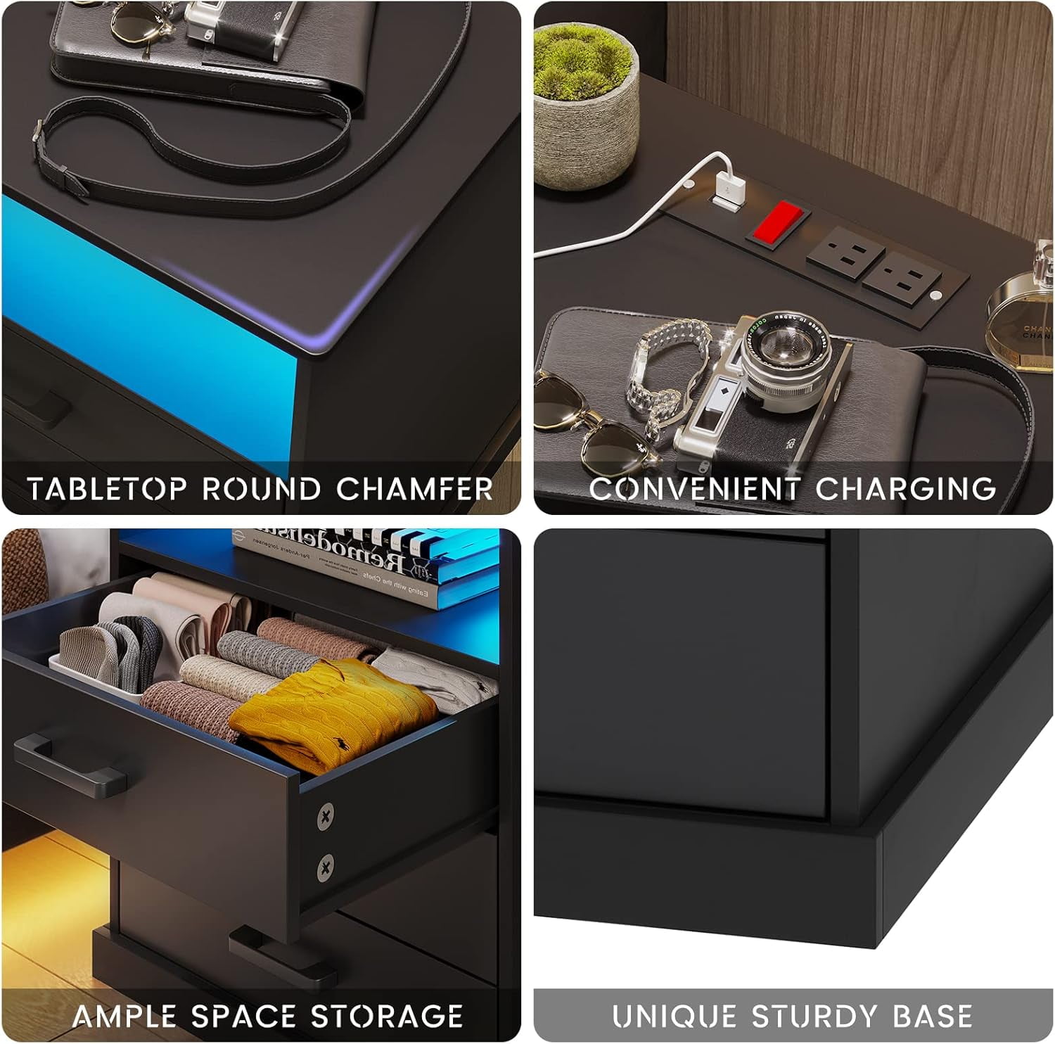 Black Nightstand Bedside Table with 3 Drawers & LED Lights & Charging Station, Modern End Side Table for Bedroom