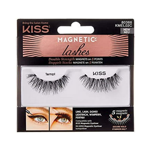 KISS Magnetic Lashes, Tempt, 1 Pair Synthetic False Eyelashes With 5 Double Strength Magnets, Wind Resistant, Dermatologist Tested Fake Lashes Last Up To 16 Hours, Reusable Up To 15 Times