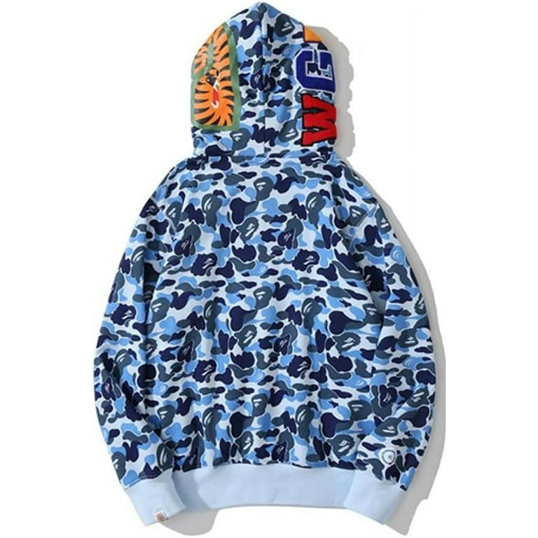 Bape Shark Hoodie for Men Fashion Camo Shark Jackets Vintage Streetwear Full Zip Up Jacket Cute Hoodies Men s Size Small Blue