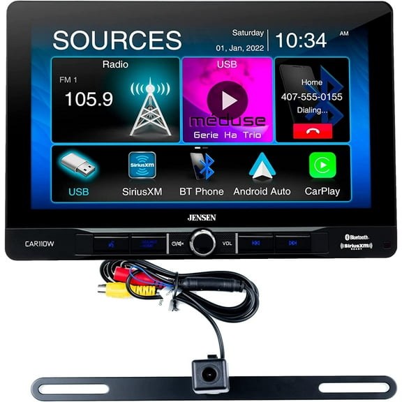 JENSEN CAR110W 10-inch Touch Screen Single DIN Car Stereo Media Receiver | Wireless and Wired Apple CarPlay & Android Auto | Bluetooth | License Plate Style Backup Camera Included | Sirius XM Ready