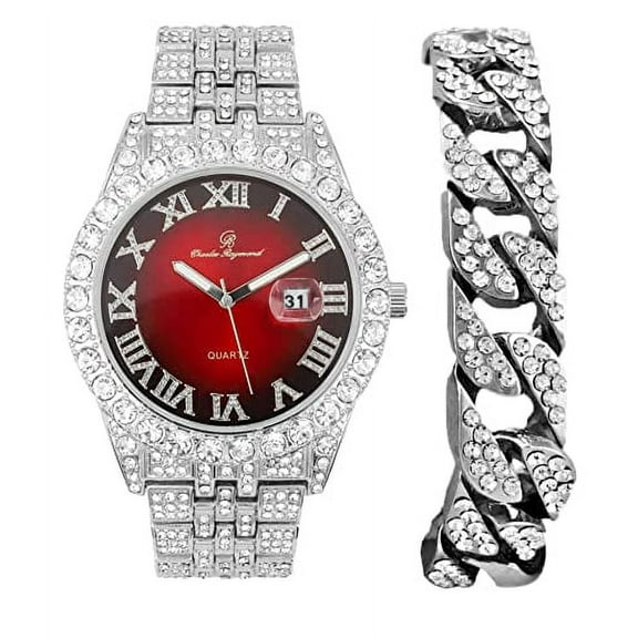 Charles Raymond Big Rocks w/Roman Numerals Fully Iced Out Mens Watch w/Easy Read Date and Colorful Dials- Designer Hip Hop Blinged Out Timepiece - ST0226RND Cuban Silver RED