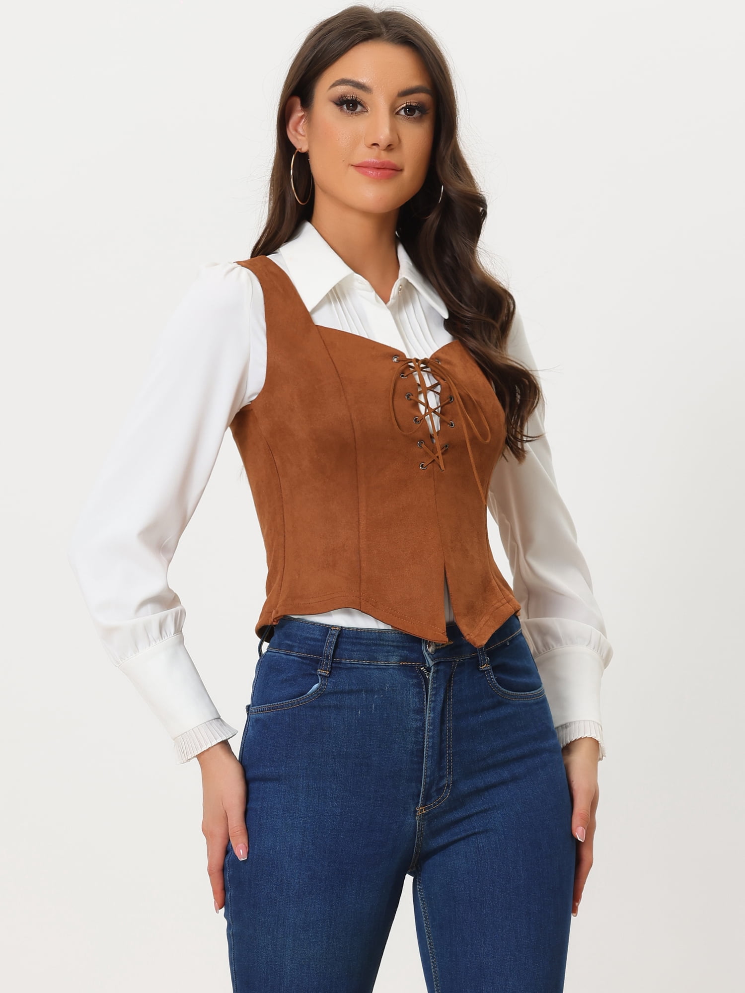 DARING DIVA Women's Faux Suede Vest Lace Up Party Sleeveless Jacket M Brown