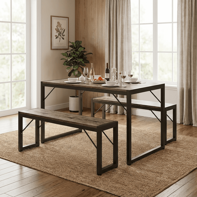 Aiho 3-Piece Dining Table Set - Industrial Kitchen Table & Chairs with Stain-Resistant Oak Top, Space Saving Design for Small Homes, Gray