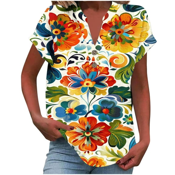 Youyipin Womens Tops Women Casual Printed Short Sleeve Button Home Outfits Casual V-Neck T-Shirt Blouses Graphic Tees For Women