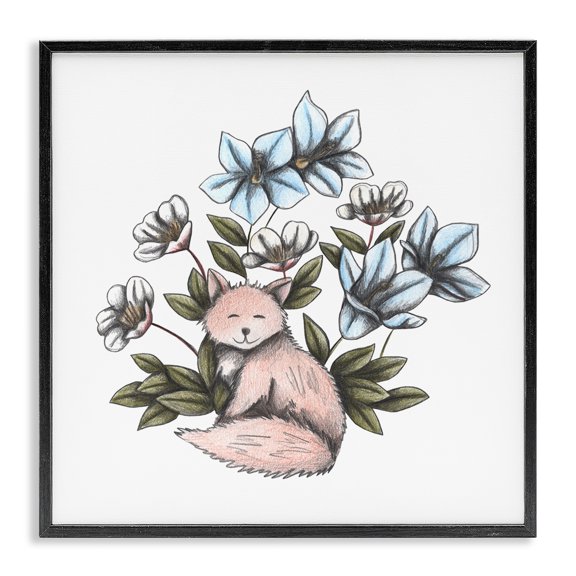 Gentle Fox with Flowers Black Framed Giclee Art, design by Cecilia Battaini