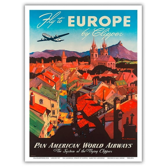 Fly to Europe by Clipper - Boeing 377 Stratocruiser - Pan American World Airways - Vintage Airline Travel Poster by Mark Von Arenburg c.1940s - Master Art Print (Unframed) 9in x 12in