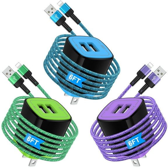 Zacenei iPhone Charger Block,3Pack 2.1A Dual USB Charger Block w/ 3Pack iPhone Multi Charging Cables 6FT Charger Cords,USB Wall Charger Adapter Plug Fast Charging Block Compatible for iPhone 14/13