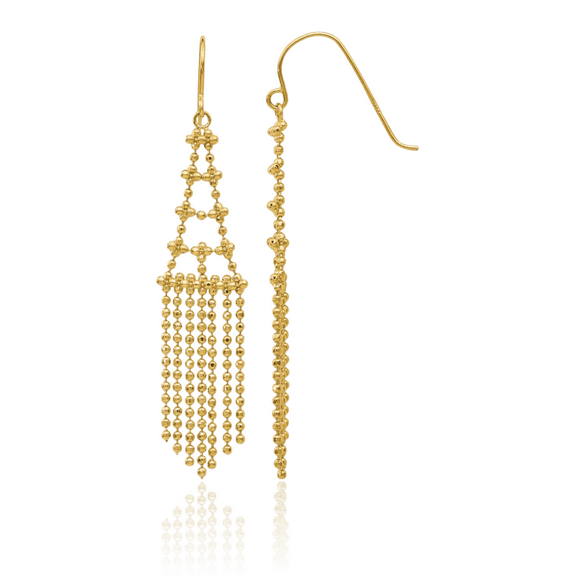 14K Solid Yellow Gold Beaded Drop Dangle Earrings