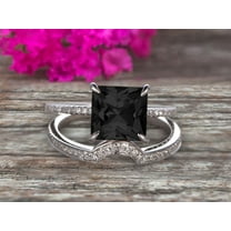 2.25 Carat 6mm Princess Cut Black Diamond Moissanite Wedding Set Engagement Bridal Ring Set On 10k White Gold Plain Edge Curved Matching Band Art Deco Glaring Staggering Ring