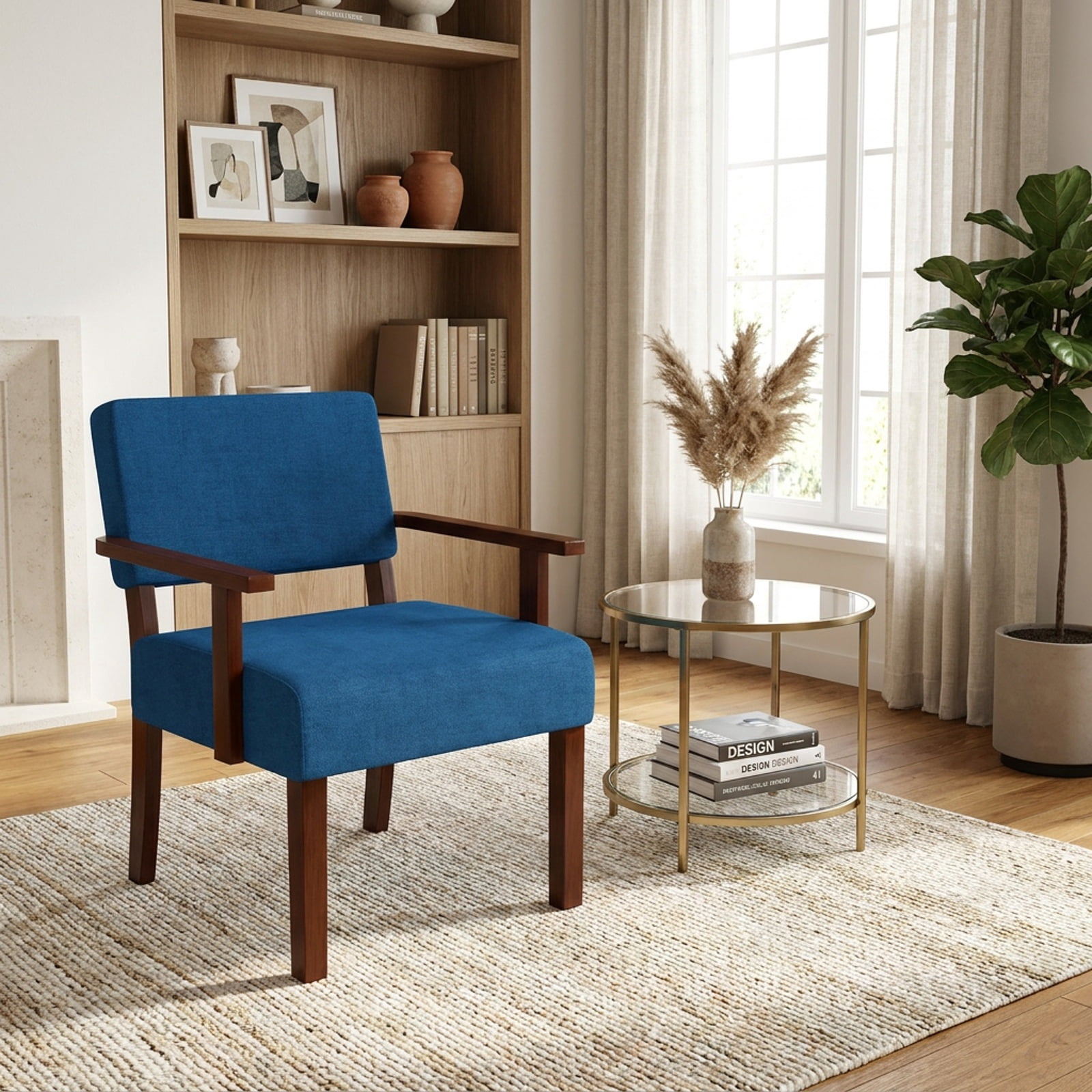 Furnibear Linen Accent Chair with Soft Padded Seat Ergonomic Backrest and Solid Rubber Wood Frame for Living Room and Bedroom, Blue