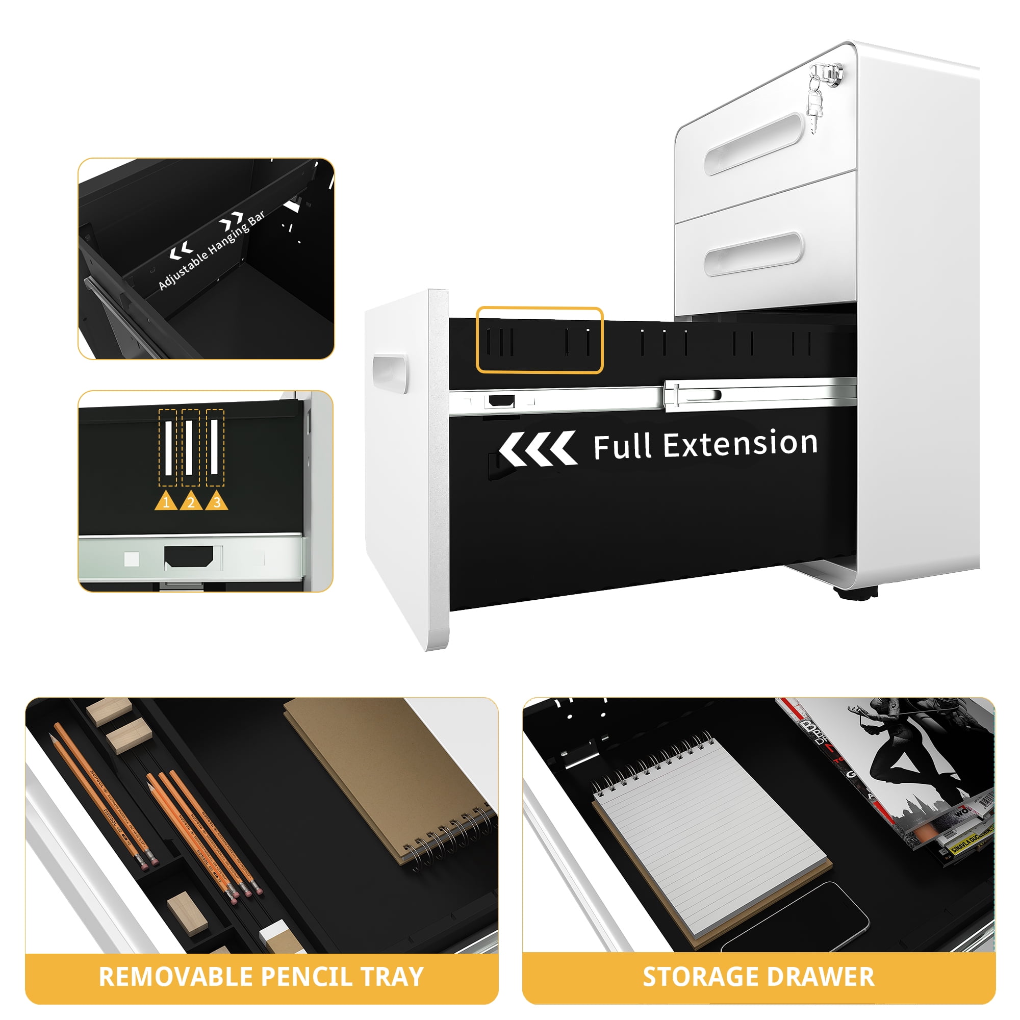 Uforic Steel Rolling File Cabinet with Lock 3 Drawer Slim Document Organizer Office Furniture