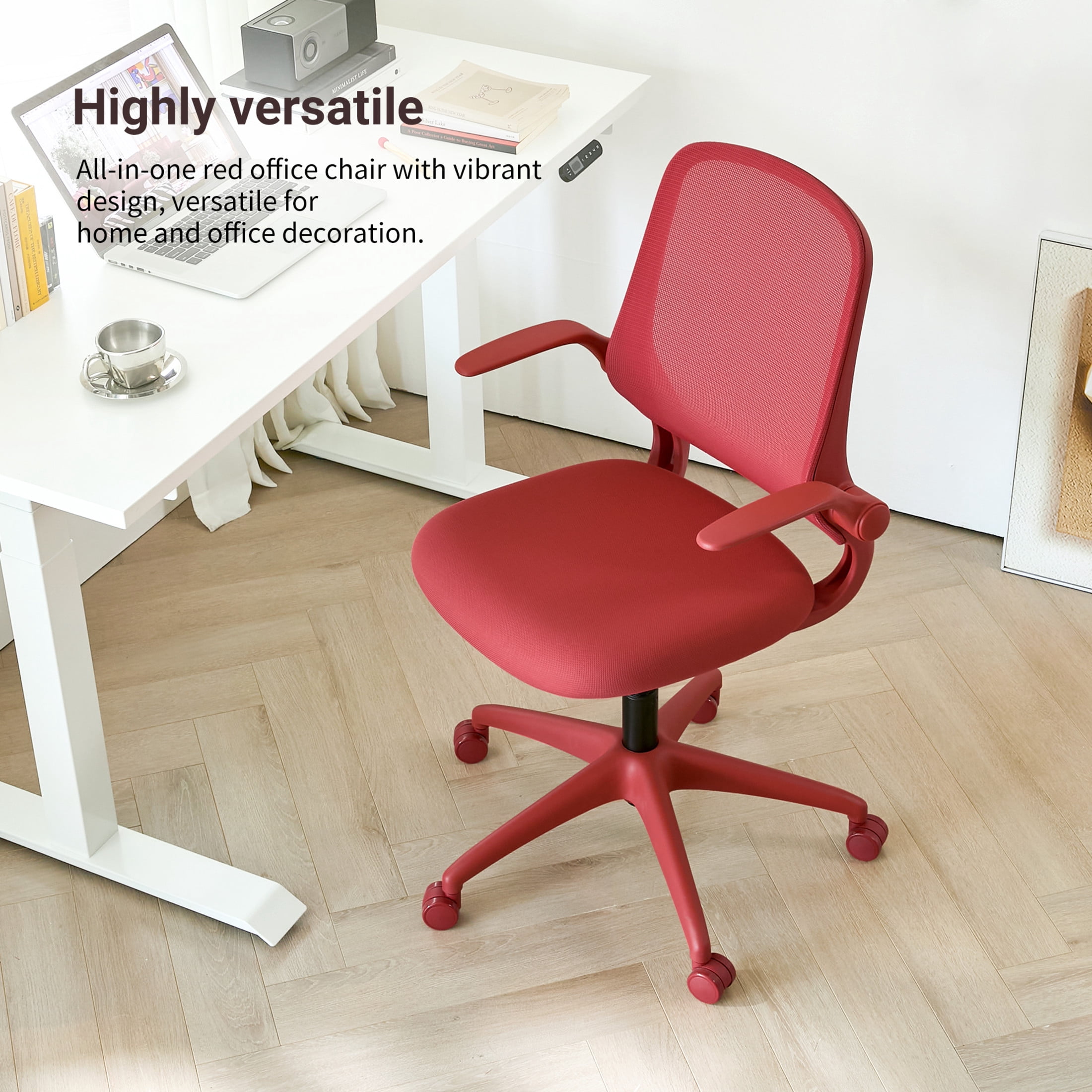 Noble House Ergonomic Mesh Swivel Office Chair, Lifting Multifunction Task Chair with Flip Arms and Mid-Backrest, Red