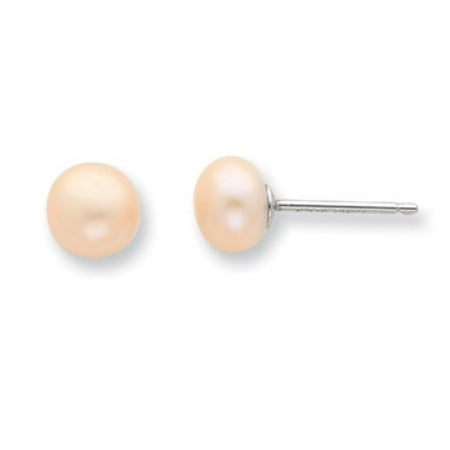 - 925 Sterling Silver Round Post Peach Freshwater Cultured Pearl Button Earrings