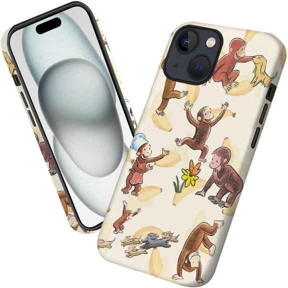 Case for iPhone 15, Curious Happy Monkey Banana Phone Case Military-Grade Drop Protection Cover for Women Girl - Frosted