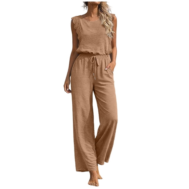 Combinaison pour Femmes, Sans Manches à Jambe Grand, avec Col Rond et Ceinture à la Taille, une Pièce de Couleur Unie