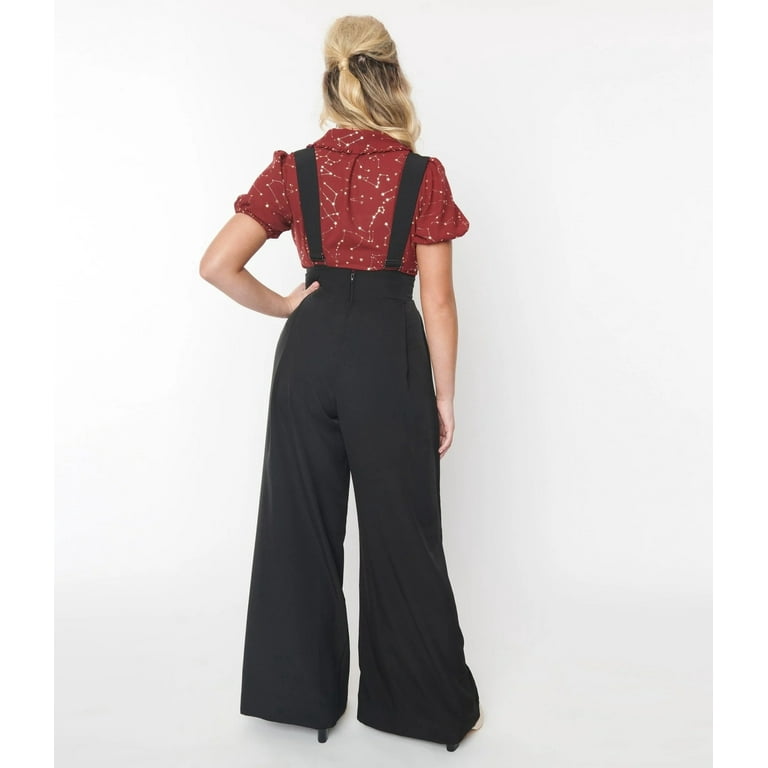 Unique Vintage Black Wide Leg Rochelle Suspender Pants - Main Image