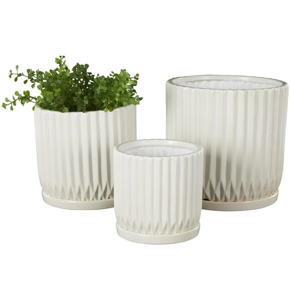 DecMode 8",7",5"H Ribbed White Ceramic Planter with Attached Saucer (3 Count)