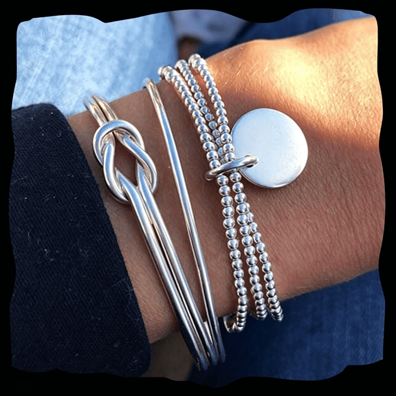 DESIGNICE Boho Layered Knot Bangle Stackable Bracelets Silver Dainty Coin Beaded Hand Jewelry for Women and Men 5Pcs(Coin)
