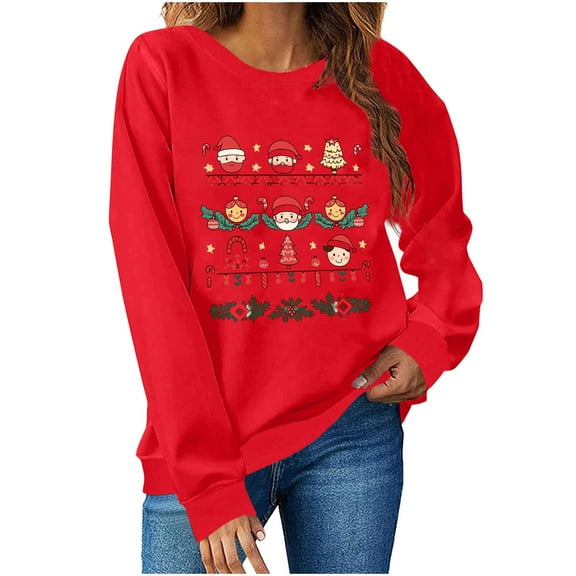 Womens Christmas Pullover Sweatshirts Long Sleeve Fleece Graphic Sweatshirt Crewneck Fall Fashion Tops, XXL Red