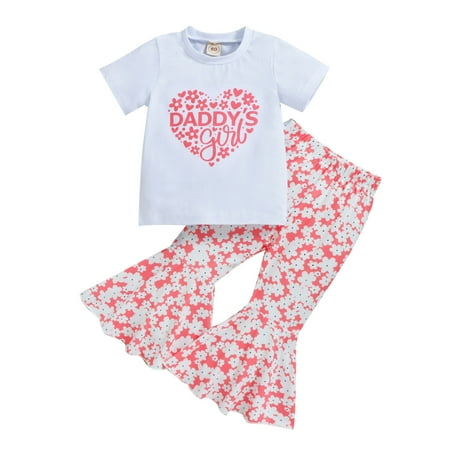 

ViLaViDe Toddler Girls Valentine s Day Short Sleeve Letter T Shirt Pullover Tops Bell Bottoms Pants Kids Outfits
