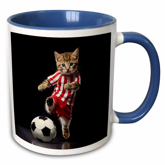 3drose, Funny Soccer Playing Kitten in Soccer Outfit, 15oz Two-tone Blue Mug