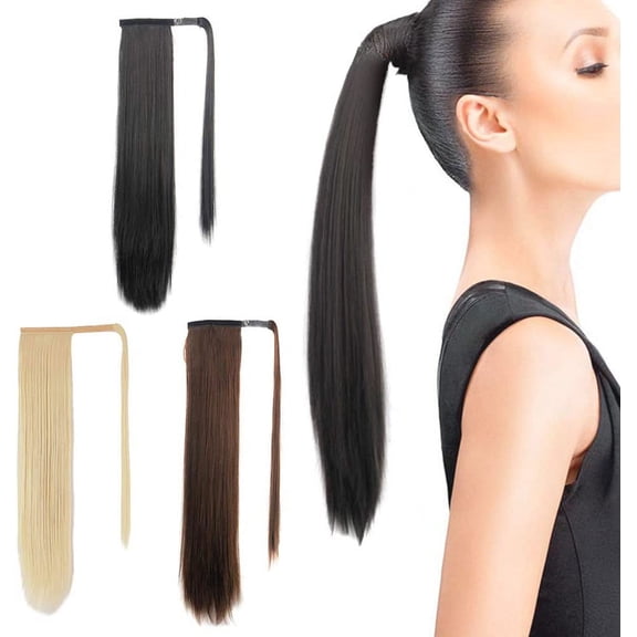 Mulaibdin Long Straight Ponytail Extension 24 Inch Tape in Hair Extension Wrap Around Long Pony Tail Extension Synthetic Heat-Resisting Hairpiece for Women (Black)