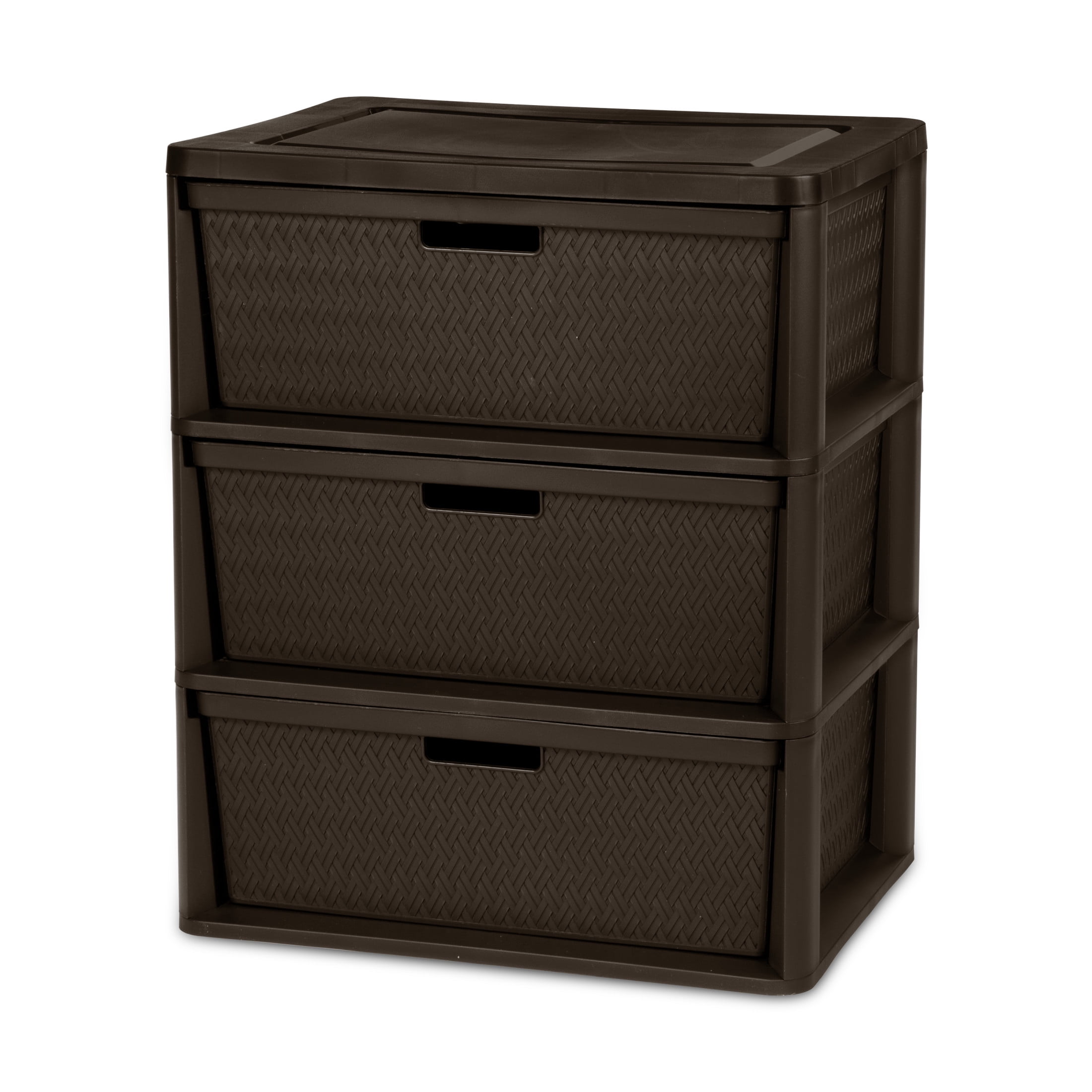 (2 pack) Sterilite Wide 3 Drawer Tower, Plastic Storage Organizer with Removable Decorative Bins, Easy to Assemble - No Tools Needed, Brown