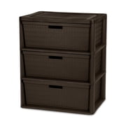 Sterilite Wide 3 Drawer Tower, Plastic Storage Organizer with Removable Decorative Bins, Easy Assembly, No Tools Needed, Brown
