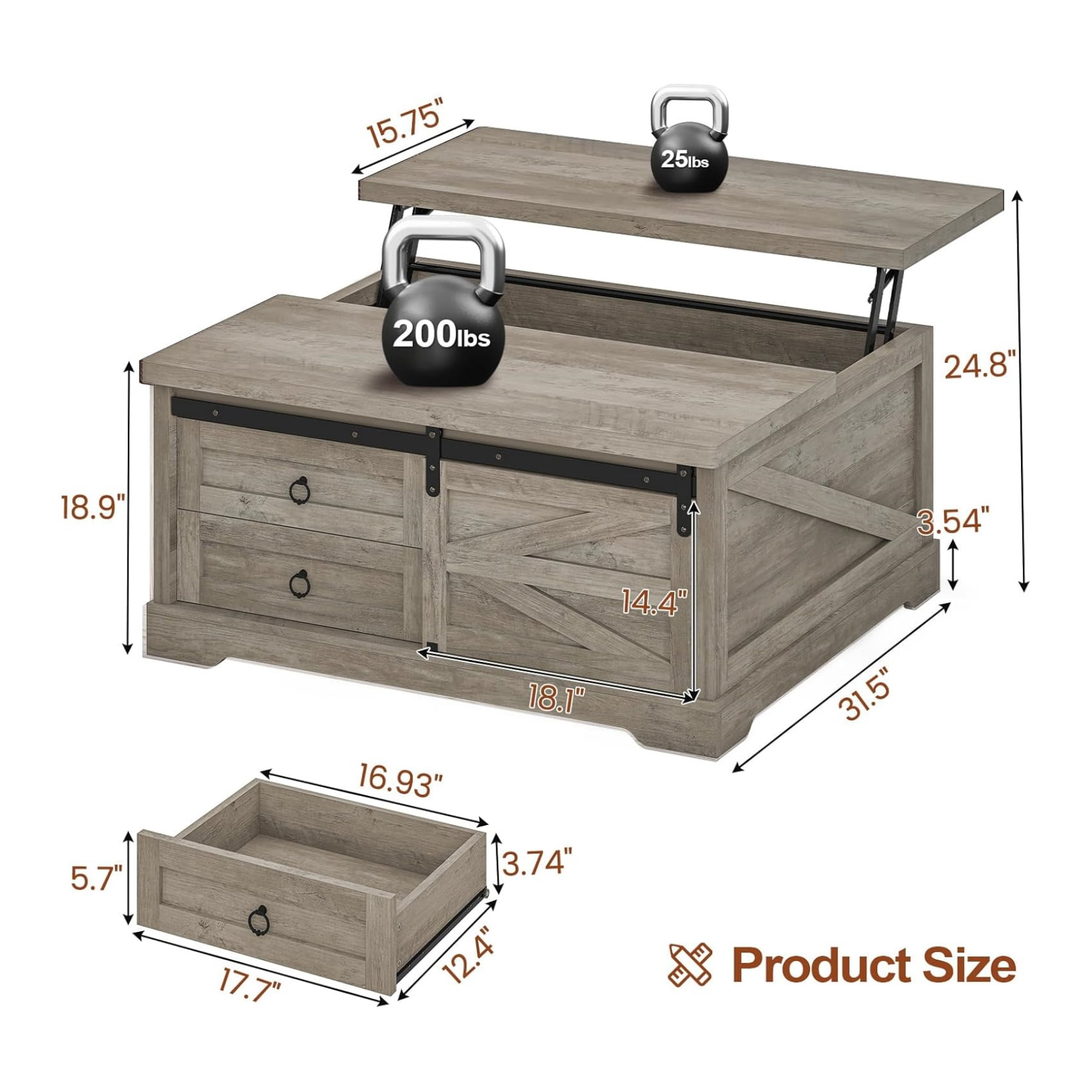 39.4" Lift-Top Coffee Table with Storage, Farmhouse Square Coffee Table with Drawers, Sliding Door and Hidden Storage Compartment, Center Table Gaming Station or Workspacefor Living Room, Grey