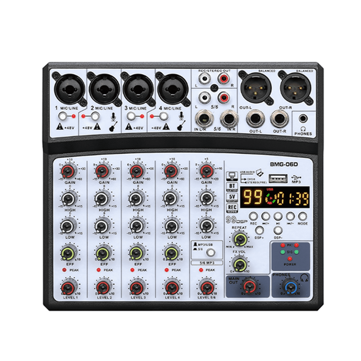 6 Channel Audio Mixer Portable Mixing Console USB Interface Sound Card with 99- 48V Phantom Power US Plug
