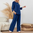 thumbnail image 6 of Women's Ribbed Knit Lounge Set, Straight Leg Pants Two Piece Outfit, Long Sleeve Top and Pants Set, Comfortable Elastic Waistband, Relaxed Fit Casual Home Suit Dark Blue L, 6 of 7
