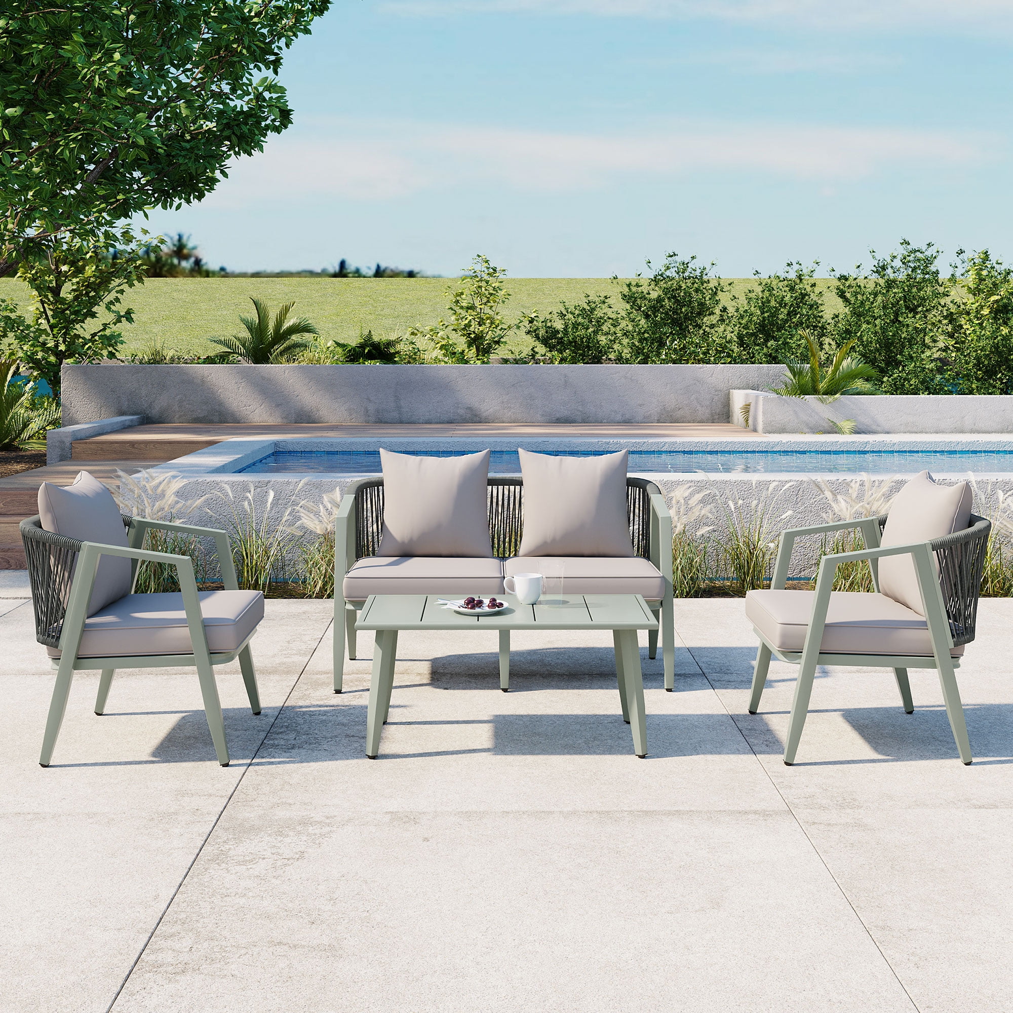 YIORTWO 4-Piece Outdoor Patio Furniture Set, Iron Frame Bistro Set with Cushioned Seating, Includes Table & Bench, for Garden, Poolside, Balcony - Green