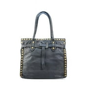 Italian Artisan  Womens Handcrafted Vintage Studded Edge Handbag in Genuine Washed Calfskin Leather, Black - Medium