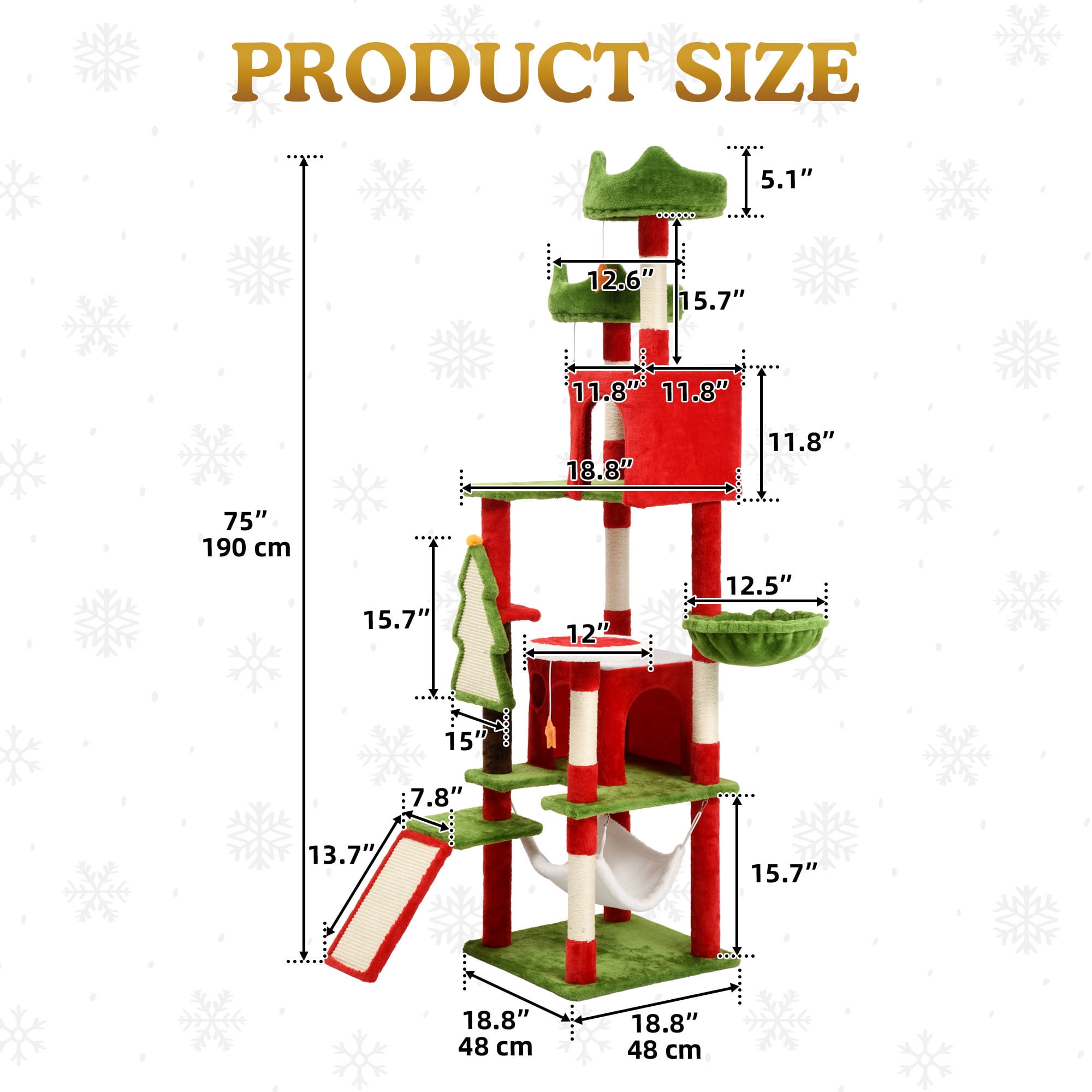 Uforic 75" Multi Level Christmas Cat Tree with Hammock, Sisal Scratching Posts and Top Perches ,Tall Cat Tower Condo for Indoor Cats