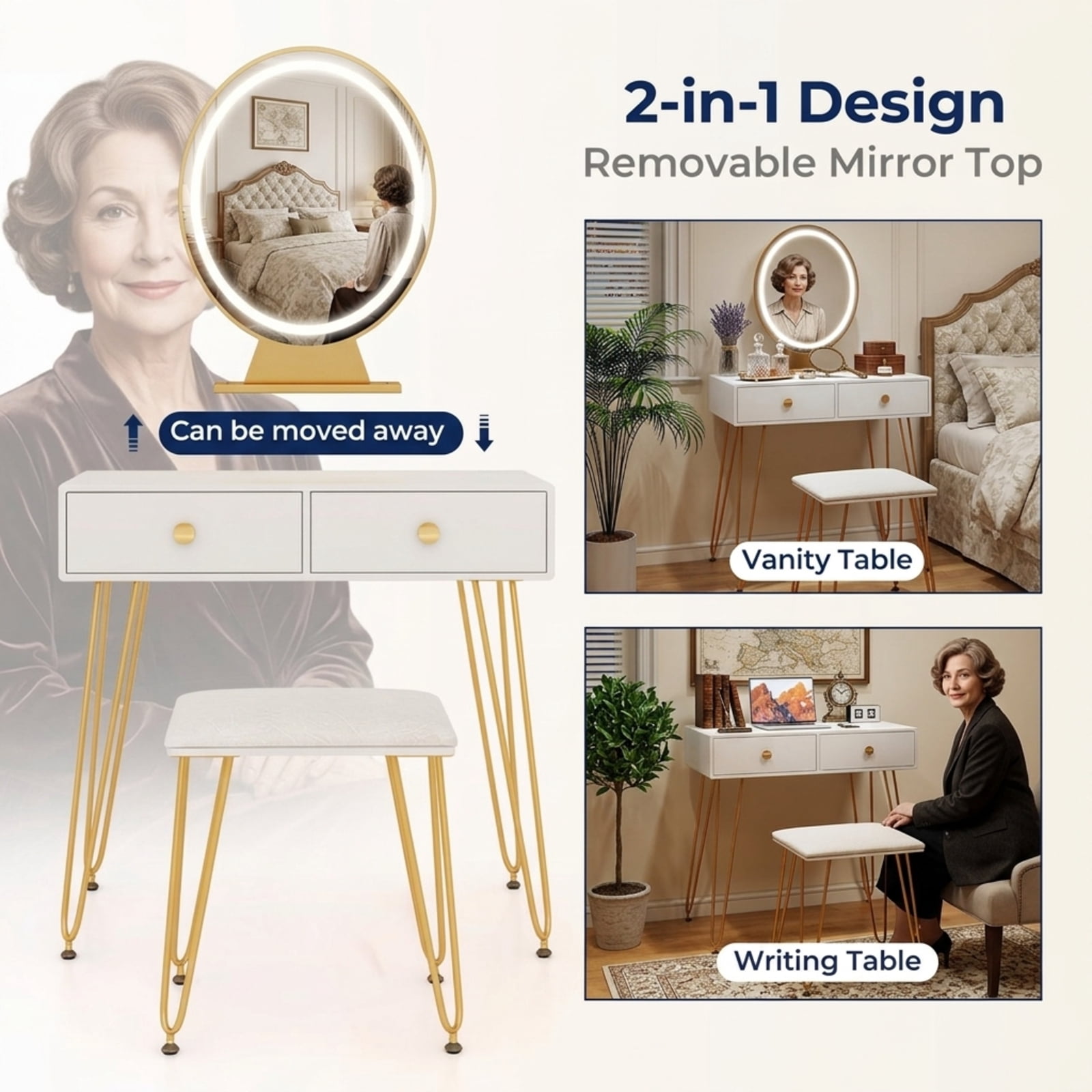 Furnibear Industrial Makeup Dressing Table with 3 Lighting Modes for Bedroom Makeup Dressing Room Vanity Desk Mirror Set, White