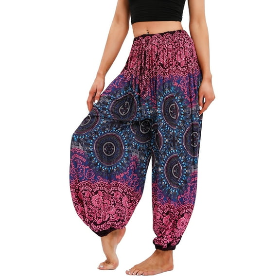 SWSMCLT Women's Boho Pants Harem Beach Baggy Trousers Print Bloomer Yoga Hippie Drawstring Elastic Waist Aladdin Indian Thai Bohemian Cinch Bottom Patterned2 One Size