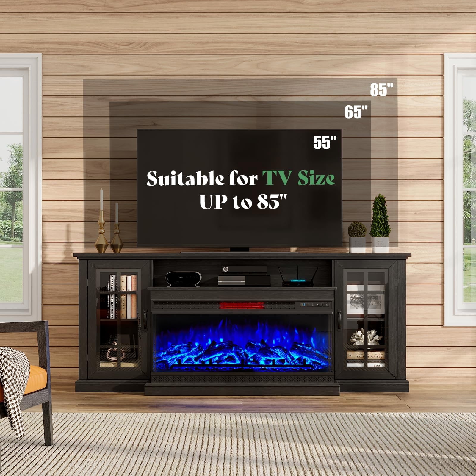 VANACC 75in 3-Sided Glass Fireplace TV Stand for TVs up to 85", Black