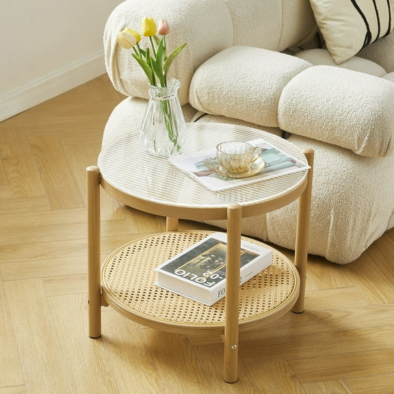 COSVALVE 2 Tier 19.6" Boho Rattan Round Glass Coffee Table Side Table